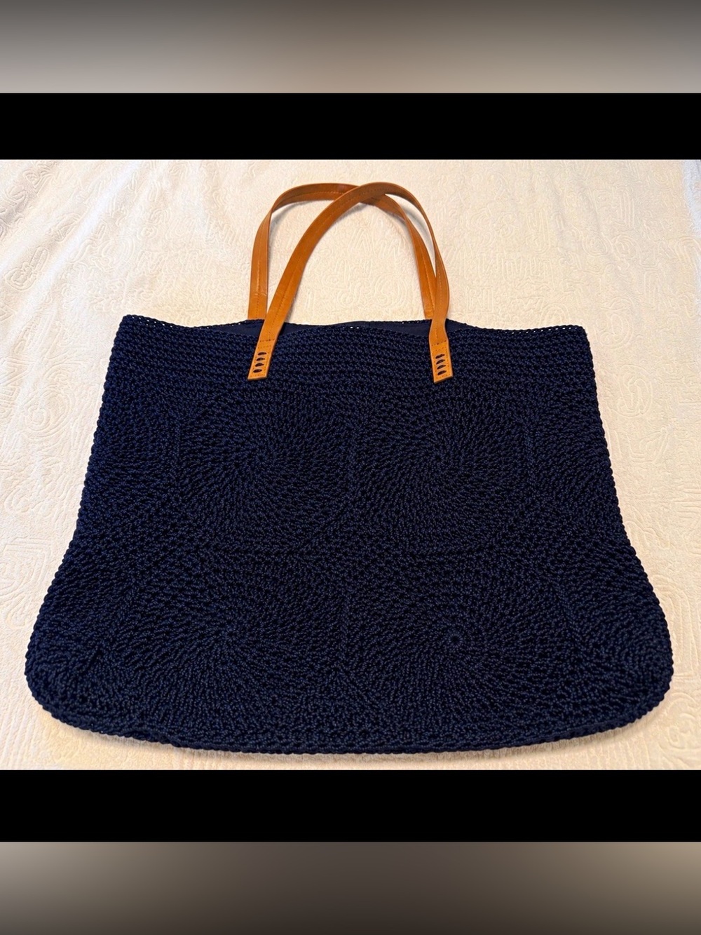SONOMA Navy Blue Woven Tote Bag with Tan Handles – Large Shoulder Beach Bag